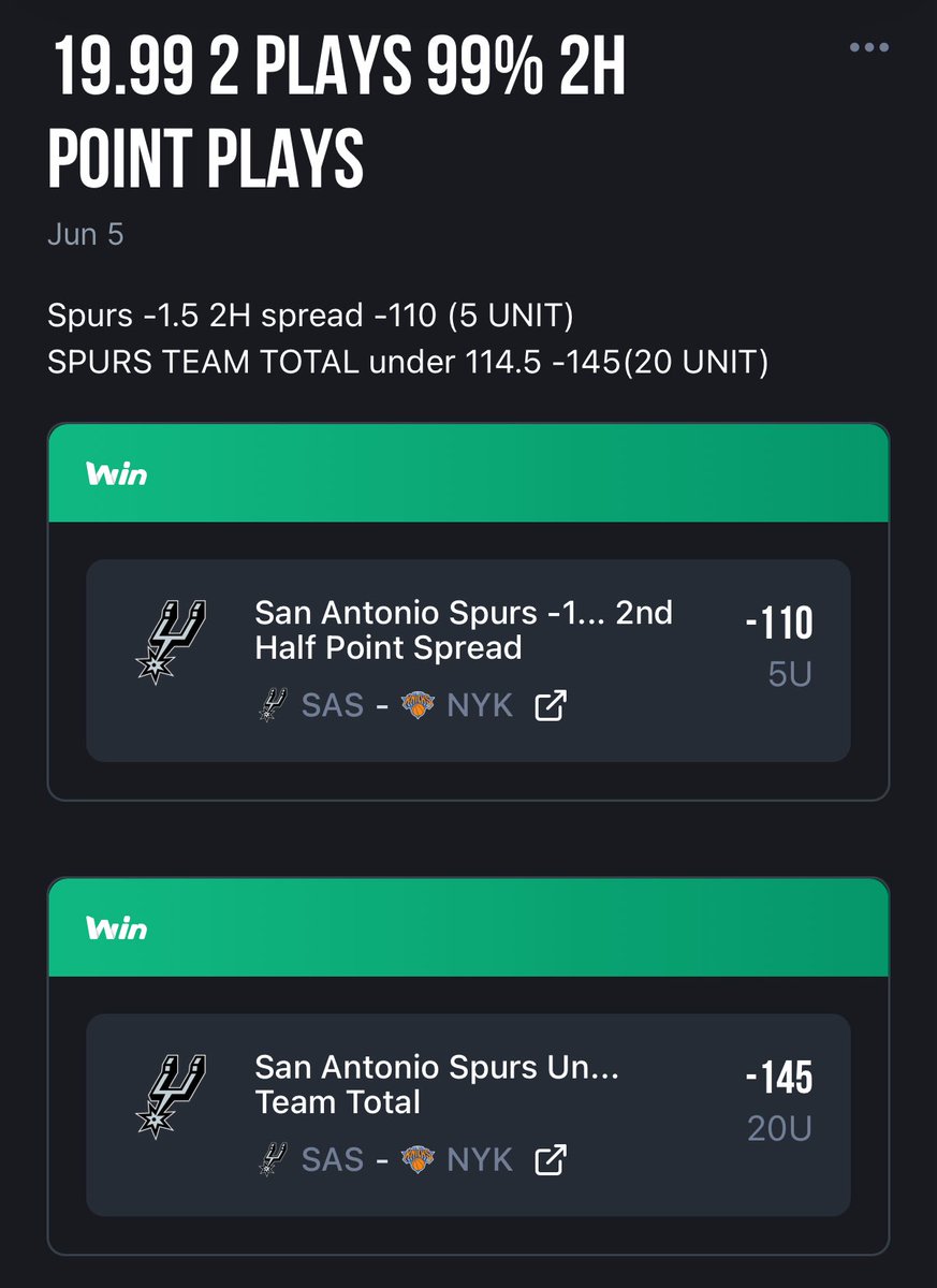 MGPBets's tweet photo. 🚨 DAILY RECAP 6-5-26 🚨 🏆 Knicks Vs Spurs GAME 2 FINALS 🏆🧹 

📅 7-1 ON GAME 2 ALL 🐋 
🐋 NBA Whale Run: 95-26
📅 Point Play Run: 25-0 👑 🐐 
💰 Net Result:+55 UNITS

Haven’t Missed A Whale Prop + 2 Leg Prop Parlay Cashes 🧙 🤝 Add me Up😎 

I Told You Finals Are Ours ✅🏆 🤞🏻 VIP+Bankroll Already Cashing WNBA Early💰
All Plays Tap in Free Telegram or VIP!