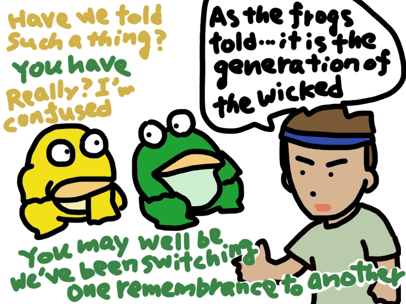 bibujen's tweet photo. As they had been switching the present(with hard-boilding-changed Peter)⇔Peter's remembrance( on the boat, after Jesus' resurrection)⇔his remembrance of remembrance(scenes on the boat with Jesus), the frogs were utterly confused. https://t.co/DHOJHnkP8l