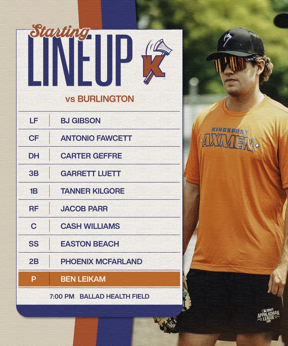 KingsportAxmen's tweet photo. Starters for the last game of the series vs. Burlington! 🪓
#AxesUp https://t.co/4RFbeyjT00