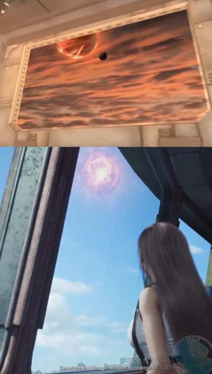 OldHunterFran's tweet photo. La muerte del arte. El ambiente absolutamente opresivo y depremente que tiene la segunda mitad de Final Fantasy VII transformado en una simple pelotita roja en el cielo. https://t.co/yLSY2NrJ52
