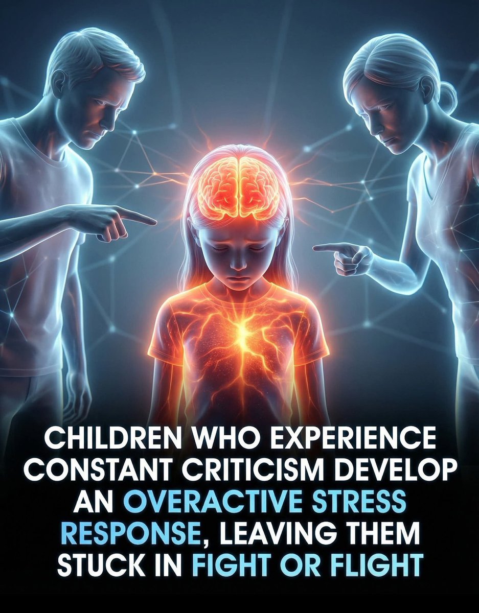 SmartScience's tweet photo. 🧠 Research shows constant criticism rewires a child’s brain.

And the emotional stress shapes lifelong mental health.

Children raised in environments filled with constant criticism often develop a stress-response system that remains on high alert, even in the absence of actual threats.

This chronic activation of the fight-or-flight state interferes with a child’s ability to feel safe, calm, or emotionally grounded. 

According to research from the Center on the Developing Child at Harvard University, persistent emotional stress in early life can alter brain architecture, leading to long-term issues with emotional regulation, anxiety, and attention. When everyday interactions are perceived as threatening, children may respond with hypervigilance, withdrawal, or emotional shutdown—defense mechanisms rooted in survival.

As these children grow, the expectation of judgment or harm becomes deeply ingrained in their nervous system, affecting their self-esteem and relationships. They may struggle to trust others or feel secure in social settings, constantly anticipating criticism or rejection. This state of chronic stress is known as "toxic stress," and it’s been linked to a range of lifelong impacts—from depression and learning difficulties to physical health problems. The findings underscore how emotionally unsafe environments can have a lasting effect on a child’s development, both psychologically and biologically.

Source:
The Center on the Developing Child at Harvard University. InBrief: The Impact of Early Adversity on Children's Development.