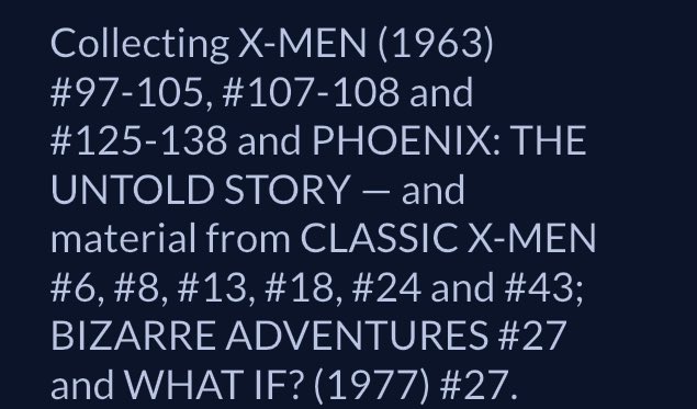 Crowversies's tweet photo. @AlMysteri Yeah, p much. The first one collects the whole Dark Phoenix saga plus short stories from anthologies that follow up on that era. The second one collects a lot of aftermath stuff with Rachel, Madelyne, X-Factor, Inferno, etc. https://t.co/l7ICP1K6L8