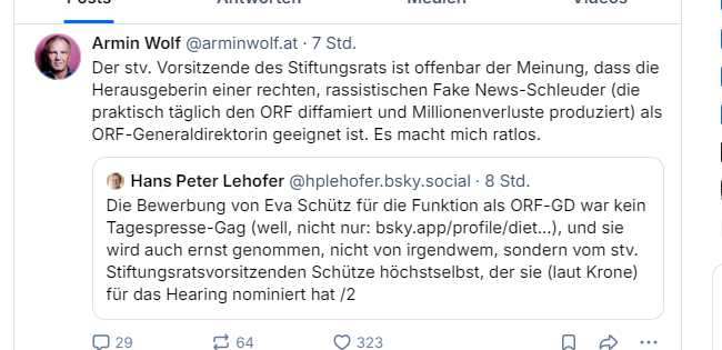 Erzbischof2023's tweet photo. In mir macht sich der Eindruck breit, dass unsere Eva durchaus Chancen hat, den Job zu bekommen. Denn wenn Wolf so ausufert, dann sieht er offensichtlich in Eva eine ernstzunehmende Kandidatin. Ich bin nur etwas verwundert darüber, dass Wolf dermaßen ausfällig wird und tatsächlich über kaum mehr Impulskontrolle verfügt. Was befürchtet der Mann eigentlich wenn Eva kommt? Ich kennen sie ja recht lange, aber über Armin Wolf hat sie mir gegenüber noch nie gesprochen. Ja, sie weiß sicher, dass es ihn gibt, aber besonders wichtig, so glaube ich, ist er ihr nicht.

Ein wenig kleinlich finde ich die Diffamierungen,  die immer wieder in Wolfs Attacken durchschimmern. Eva ist Dr. Jur, zudem eine super Medienmanagerin und auch eine tolle Journalistin. Was die Mitarbeiterführung betrifft außerordentlich umsichtig und einfühlsam. Letzteres wäre sicher neu im ORF. Und in einer pluralistischen Demokratie darf man auch Mitte-rechts sein. Es ist ja auch kein Skandal Mitte-Links zu sein. Wichtig ist, dass man demokratisch ist und um aufrichtig um eine tolerante Debattenkultur bemüht ist. Das sehe ich bei Armin Wolf immer dann nicht, wenn es um Eva Schütz geht. Denn es ist recht billig, den Express eine "rassistische Fake-News-Schleuder" zu nennen. Wüsste nicht, wo der Exxpress rassistisch ist und wo wir gelogen haben. Und wir diffamieren den ORF nicht, wir üben Kritik an ihm. Offenbar ist Wolf darüber pikiert, dass so etwas im Lande erlaubt ist. Und im Unterschied zum ORF, hat der Exxpress den Österreichern kein Geld gekostet. Also der Exxpress hebt keine Zwangsgelder ein, um senden zu können. Ich würde mir ja gerne ansehen, wie der ORF auf dem freien Markt ohne Bürgerknete bestehen würde. Ich glaube unter solchen, gerechten Bedingungen, wäre der Küniglberg schnell entzaubert.