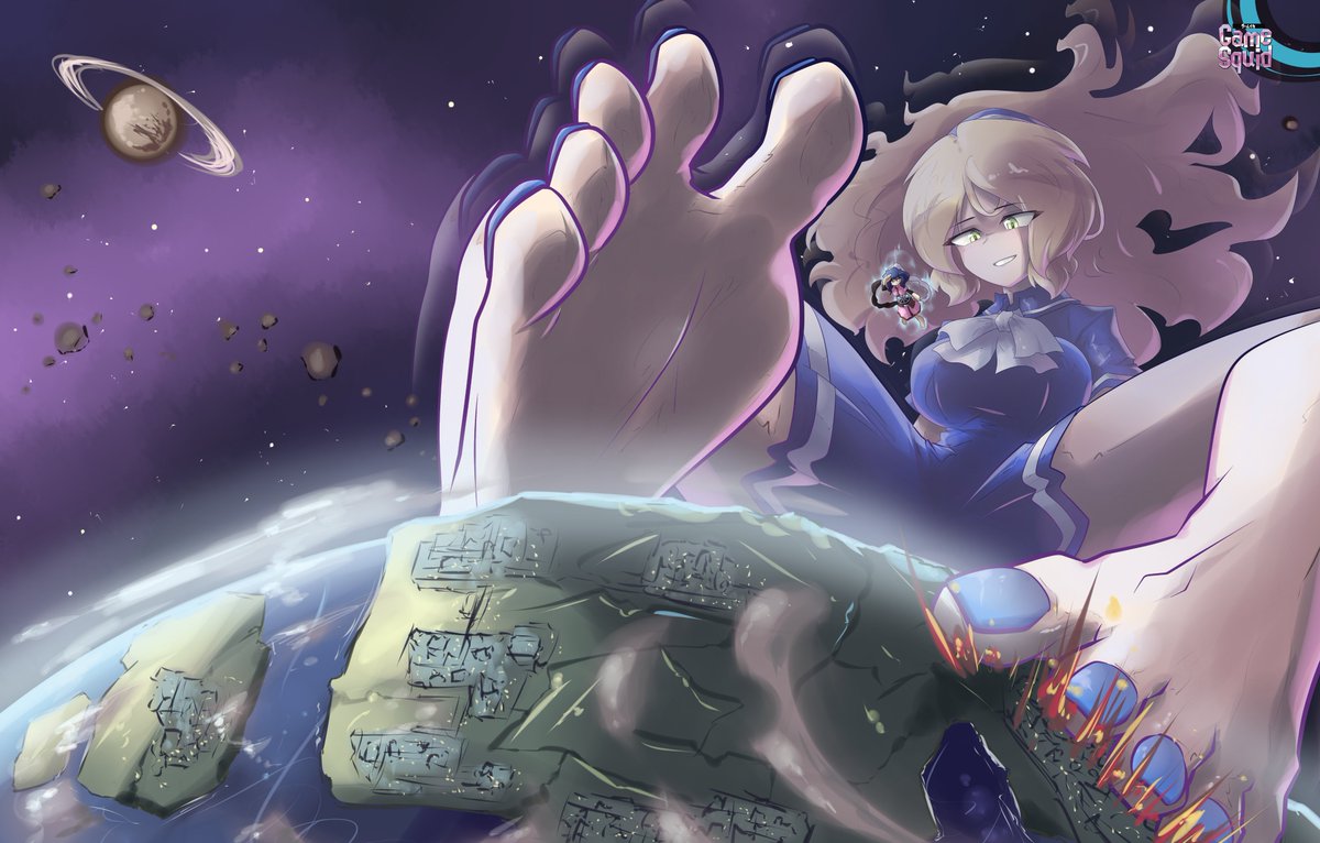 _GameSquid's tweet photo. Last commission of this batch. Angela Thompson is greeted by a strange Demon in nurse attire.
And she makes her grow super huge.

#TraumaCenter #カドゥケウス #Giantess #巨大娘 #Feet #裸足裏 https://t.co/RBQd4MU755