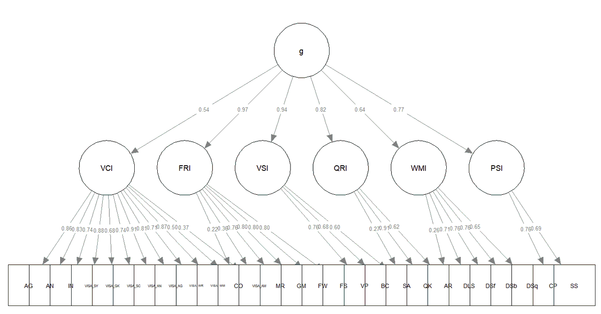 CognitiveMetric's tweet photo. @HynekCigler As mentioned, the figure used was a simplified diagram showing only the relevant VISA subtests.

Here's the full higher-order model. 

The fitted model converged normally after 197 iterations (N = 14,495) and showed excellent fit:
CFI = .968
TLI = .964
RMSEA = .012
SRMR = .058 https://t.co/5BAzwBa7h9