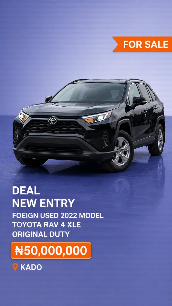 AutoByAliyu's tweet photo. FOREIGN USED 2022 TOYOTA RAV4 XLE
ORIGINAL DUTY
CLEAN INTERIOR
BUY &amp; DRIVE
UNTEMPERED ENGINE

🏷️ ₦50,000,000 NET
KADO, ABUJA

Autos by Aliyu https://t.co/gnJbn6aT7j