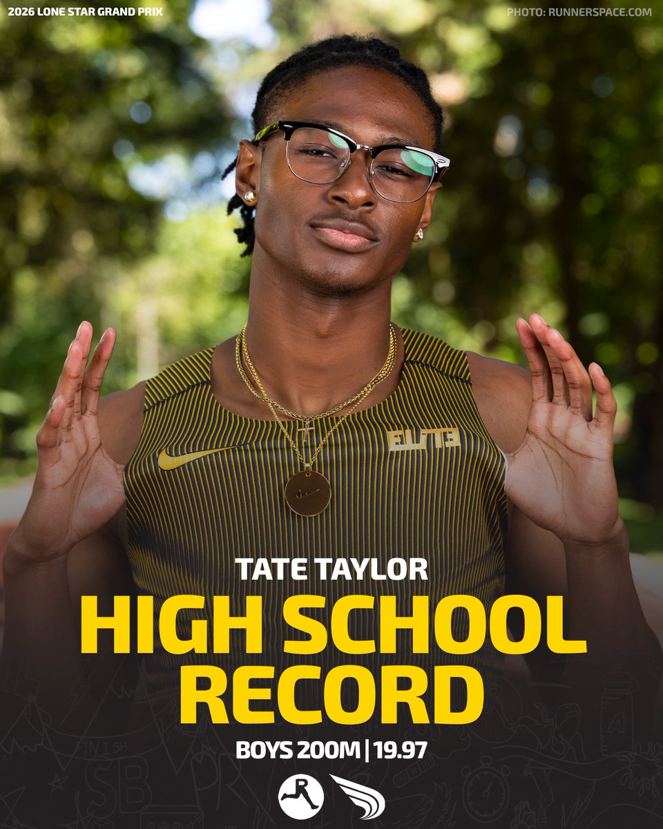 DyeStat's tweet photo. IT HAS BEEN DONE!

A high schooler has FINALLY broken 20 seconds in the 200m, and it's the high school record holder himself, Tate Taylor, in 19.97 at the Lone Star Grand Prix. https://t.co/l5Hu3MuMbS