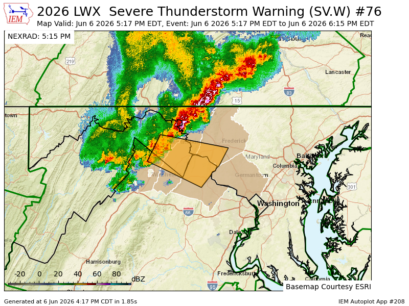 DMV_WX's tweet photo. LWX issues Severe Thunderstorm Warning [wind: 60 MPH (RADAR INDICATED), hail: <.75 IN (RADAR INDICATED)] for Frederick, Montgomery, Washington [MD] and Clarke, Frederick, Loudoun [VA] and Berkeley, Jefferson [WV] till 6:15 PM EDT https://t.co/Bm2gBqTnAx https://t.co/1C9bJeWq2F