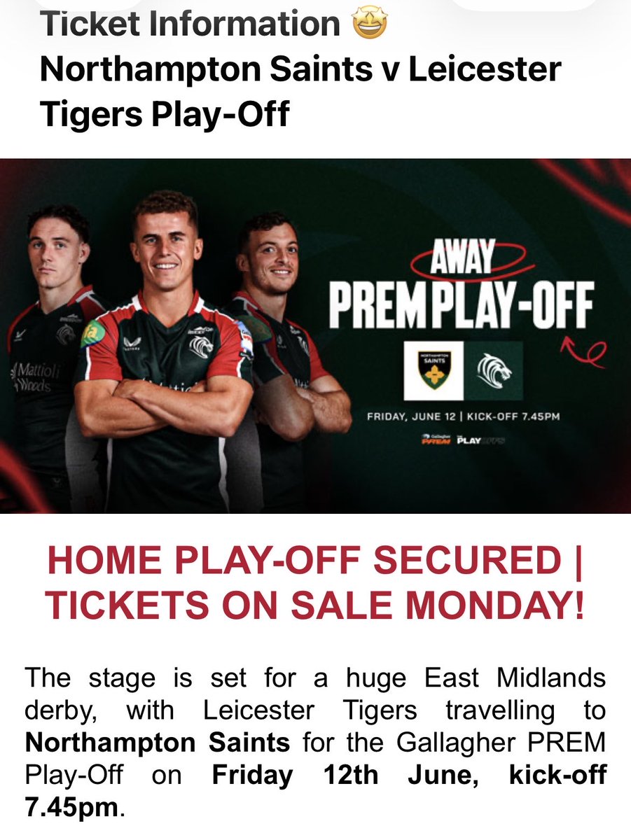 keithfoley73's tweet photo. I went to @BathRugby away at @LeicesterTigers and so get ticketing emails. Someone got ahead of themselves with the “home semi final” 🤔🤣 https://t.co/fUdL3XaGFt