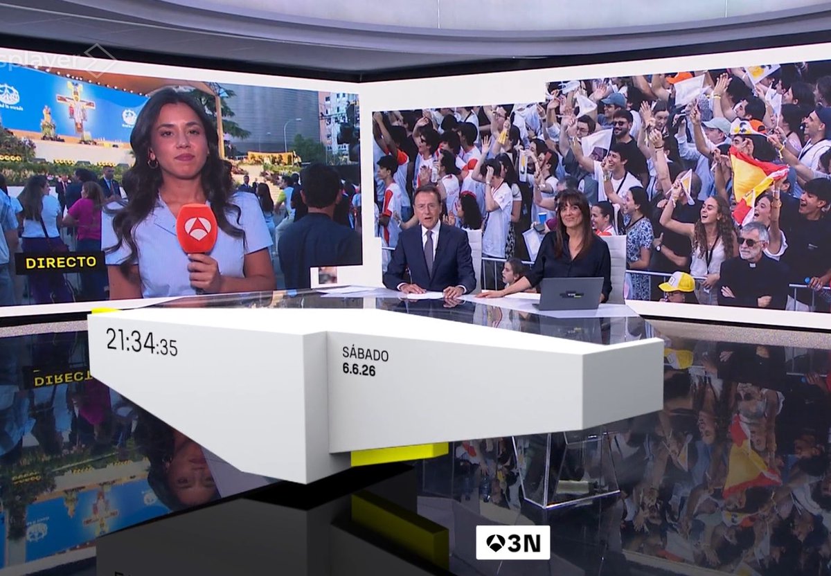 santicid's tweet photo. Orgulloso del equipazo de @A3Noticias. Hoy en directo desde la Plaza de Lima, en la vigilia del papa, con Matías Prats y @MonicaCarrillo al frente de un despliegue histórico. Mañana, a las 9.15h volvemos para vivir en directo la misa del Corpus en Cibeles. https://t.co/Uz9R6NNGCP