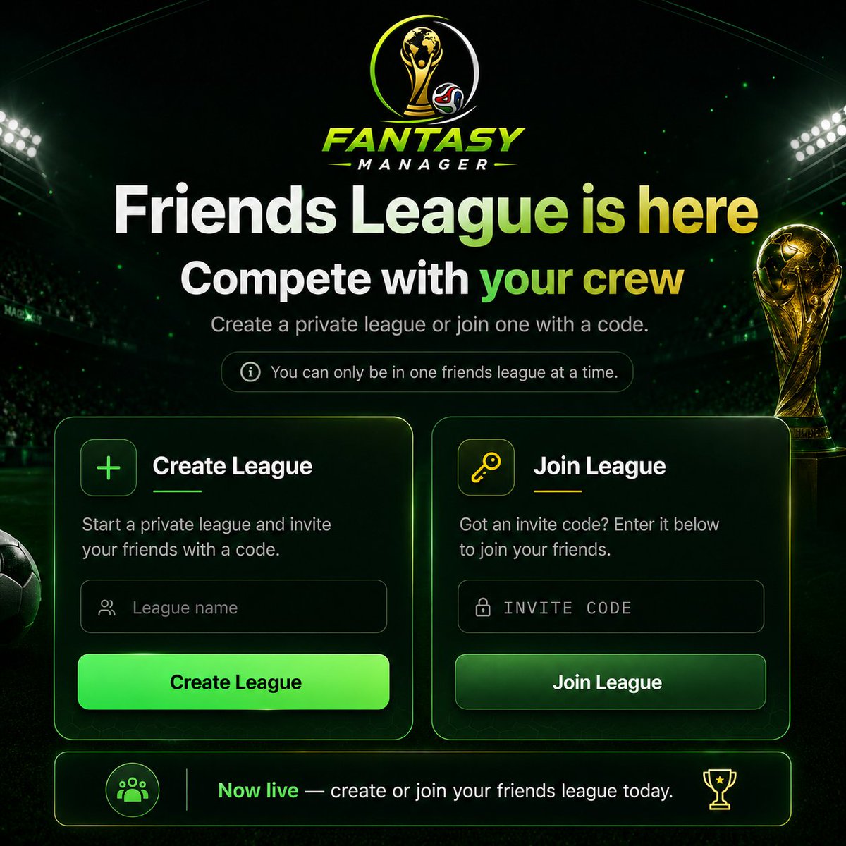 fantasywcsol's tweet photo. Friends League is here 🏆

Create a private league, invite your crew with a code, and compete directly with your friends during World Cup.

The global leaderboard is still here - that’s where the main competition and rewards stay. 

Friends League is just an extra fun way to battle your friends, because let’s be honest: everyone loves beating their own crew 😄

All points work exactly the same as the global leaderboard. Your team, captain, transfers, and match points all count the same. Friends League simply gives you a private ranking with your friends.

Create your league. Share the code. Compete with your crew. 👇
https://t.co/VtYTUomJs8

Powered by $FANTASY token.
HbzU4ZmDECvfSxQHcFa8a54ewaNsVvMW2bgvdeawpump