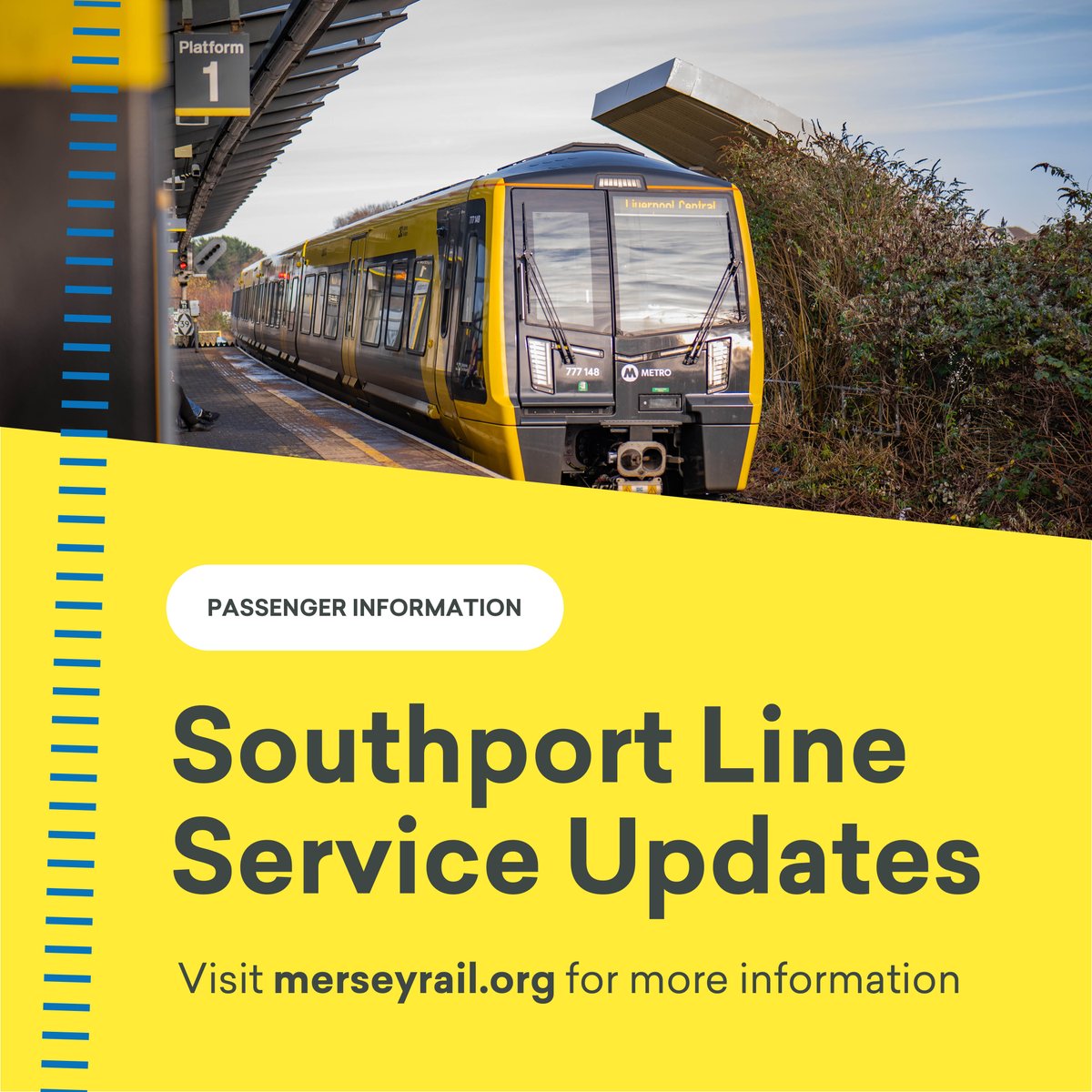 merseyrail's tweet photo. ⚠️ Latest Service Updates
 
🟦 Due to a train fault, services on the Southport line face cancellations or alterations.
  
ℹ️ Please click here for details: https://t.co/aPpCnqn5Yb https://t.co/nfbnVFhOLc