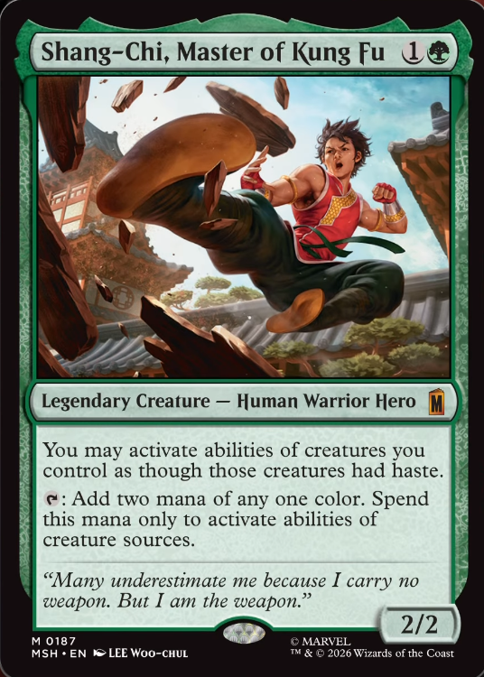 DimirUB's tweet photo. 【MTG x MARVEL】
あなたは、あなたがコン卜ロ一ルするクリ一チャ一の起動型能力を、それが速攻を持つかのように起動してもよい。

(T)：好きな色1色のマナ2点を加える。このマナはクリ一チャ一が発生源の能力を起動するためのみに使用できる
ーー
Jimmy Wongより https://t.co/brNnx1fUKp