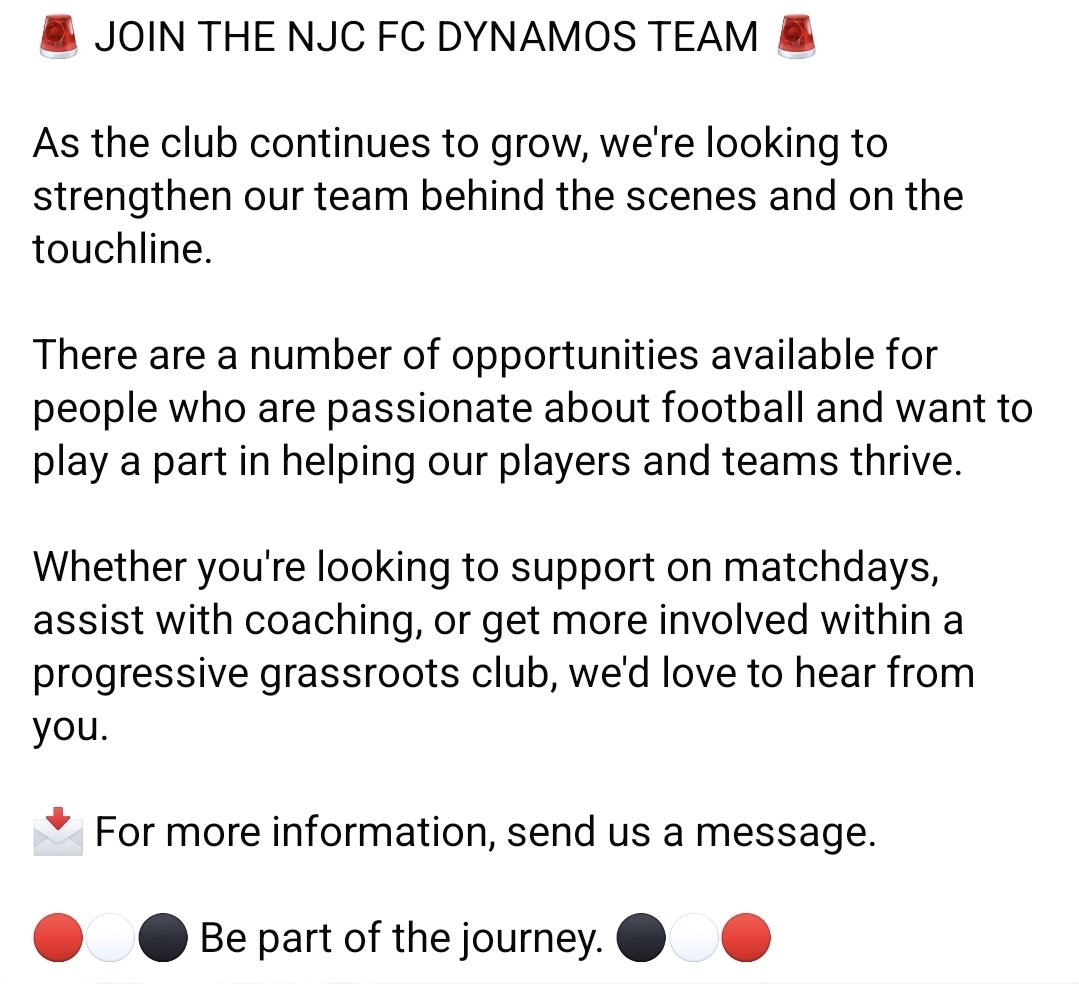NJCFCDynamos's tweet photo. 🚨 JOIN THE NJC FC DYNAMOS TEAM 🚨
As the club continues to grow, we're looking to strengthen our team behind the scenes and on the touchline. https://t.co/SoSknp7AGC
