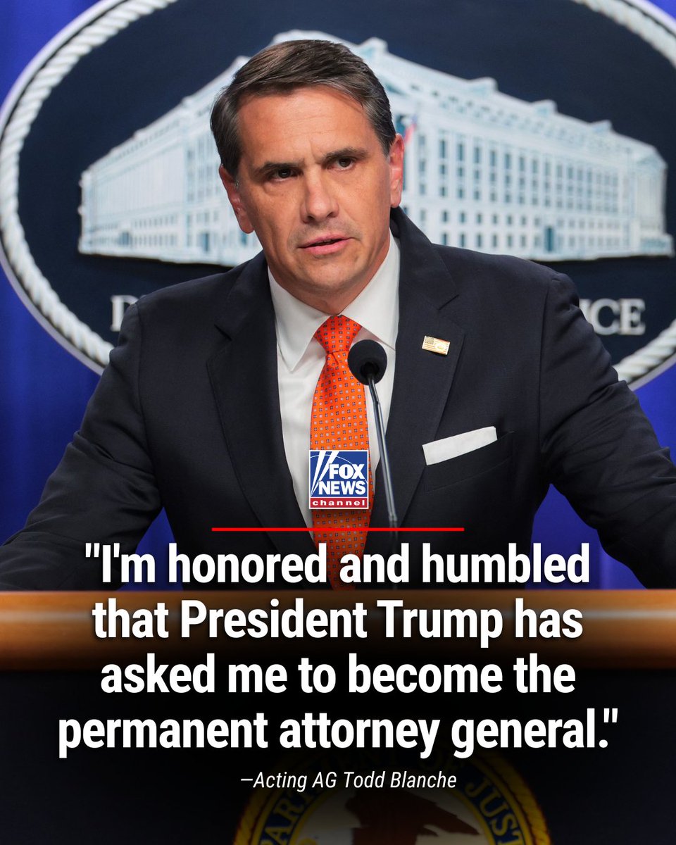 FoxNews's tweet photo. Todd Blanche is reacting to President Trump's decision to nominate him as attorney general after serving in the role on an acting basis since April.

Blanche says he's focused on the Justice Department's work as the DOJ continues to pursue a series of high-profile investigations and arrests.

If confirmed by the Senate, the former Trump defense attorney would officially become the nation's top law enforcement official.