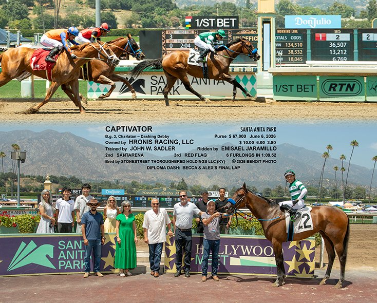 sadlerracing's tweet photo. Fabulous comeback for this grandson of Medaglia d'Oro. Captivator took home another win. Congrats to our fabulous owners @Hronis_Racing @stephrosa3 @KostaHronis @johnwsadler @santaanitapark https://t.co/GmmqI8BnBL