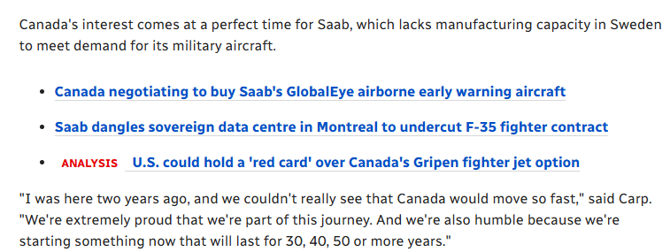 grinknb's tweet photo. @macrurdn @Murray_Brewster @danlebla As per the article, SAAB needs more manufacturing capacity, so it would not be just for Canadian production, but an eye towards supplying other countries. https://t.co/hJqa93Eu6l