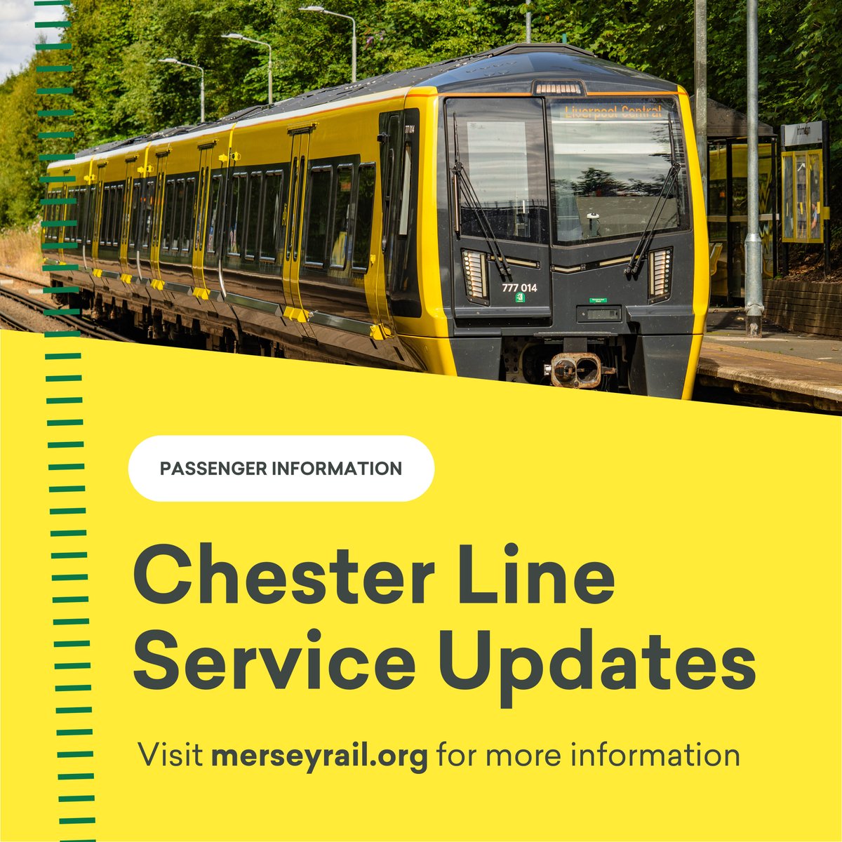 merseyrail's tweet photo. ⚠️ Latest Service Updates
 
🟩 Due to a train fault, services on the Chester line face cancellations or alterations.
  
ℹ️ Please click here for details: https://t.co/aPpCnqn5Yb https://t.co/uPizUErf8F