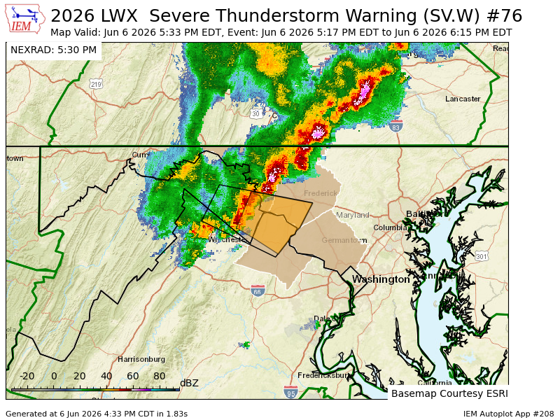 DMV_WX's tweet photo. LWX updates Severe Thunderstorm Warning (cancels 3 counties, continues 5 counties) till 6:15 PM EDT https://t.co/tF3KNmcbg6 https://t.co/yvZeprq0Tg