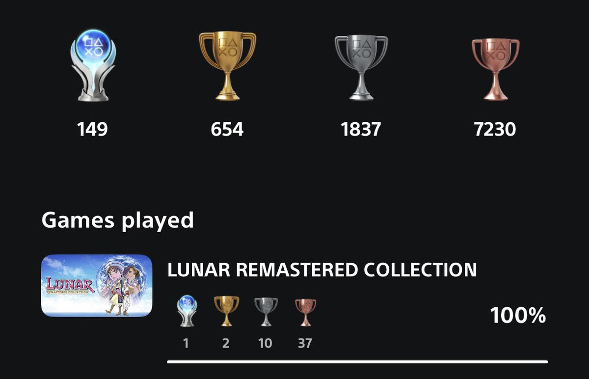 OldRenGaming's tweet photo. Lunar Remastered Collection is platinum trophy #149!
I never played the Lunar games back in the day. Definitely brought me back to that era of JRPGs. #AnimeCutscenes
#Lunar #Lunar2 #LunarRemasteredCollection #PS5 #platinum https://t.co/tc2NFOcjpg