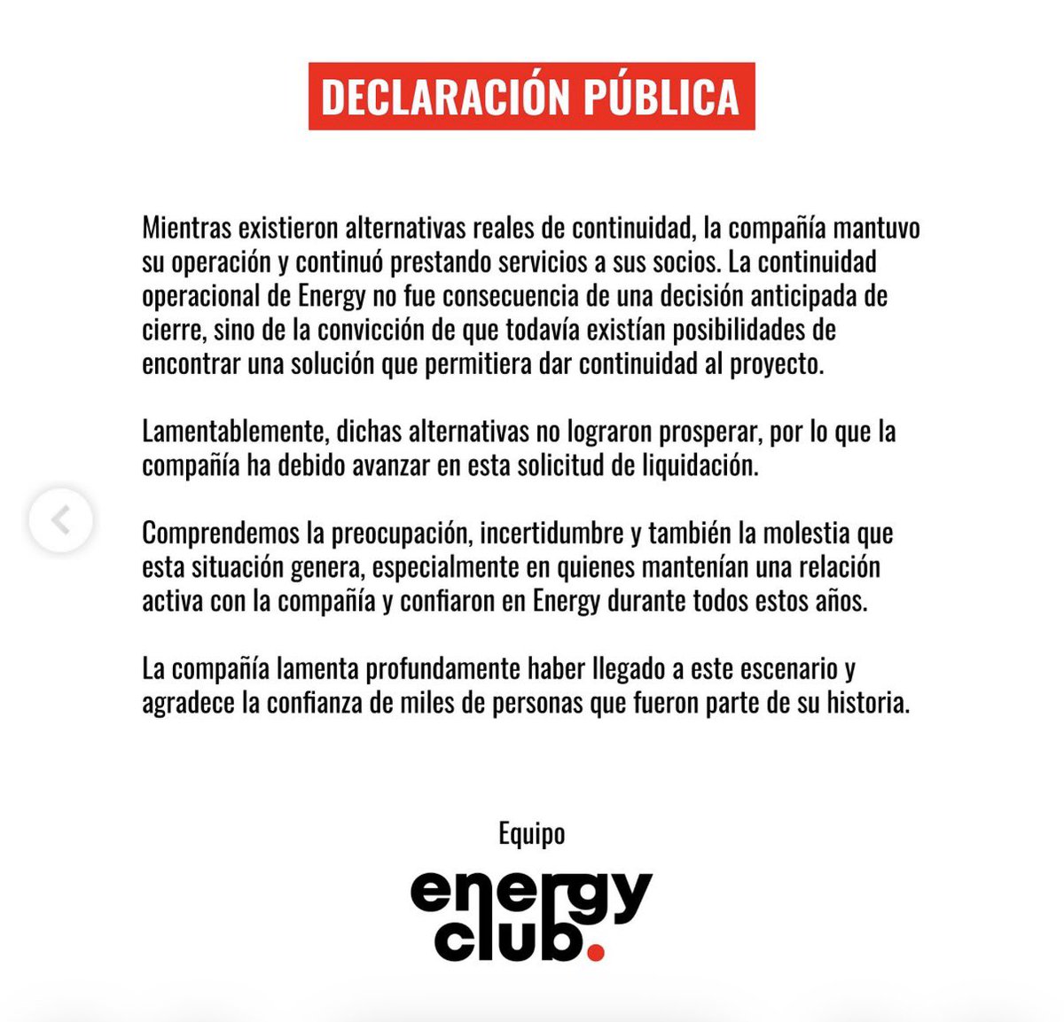 Eneatipo7's tweet photo. Declaración pública de la cadena de gimnasios Energy.
Nada señala sobre miles de membresías que renovaron anualmente y de los clientes que fueron estafados. 
Es una nimia declaración que pretende explicar que se hicieron esfuerzos por salvar la empresa, sin embargo hasta último minuto seguían afiliando gente y renovando membresías. Y nada sobre todos aquellos que con meses pagados por delante perderán toda opción de recupero. Si esto no es una estafa, pega en el palo.