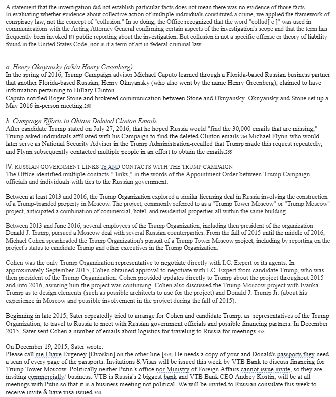 JackJ_Trader's tweet photo. @CNN_NewsNight @abbydphillip @RobertBluey @CharlesMBlow @LydiaMoynihan @ashleyrallison @TerryMoran and part of a summary of the Mueller Report on Russia and the Trump Campaign contacts. But sure, Robert Bluey, it's all been debunked. No wonder everyday Trump supporters believe that lie... https://t.co/Lybqf3jolG