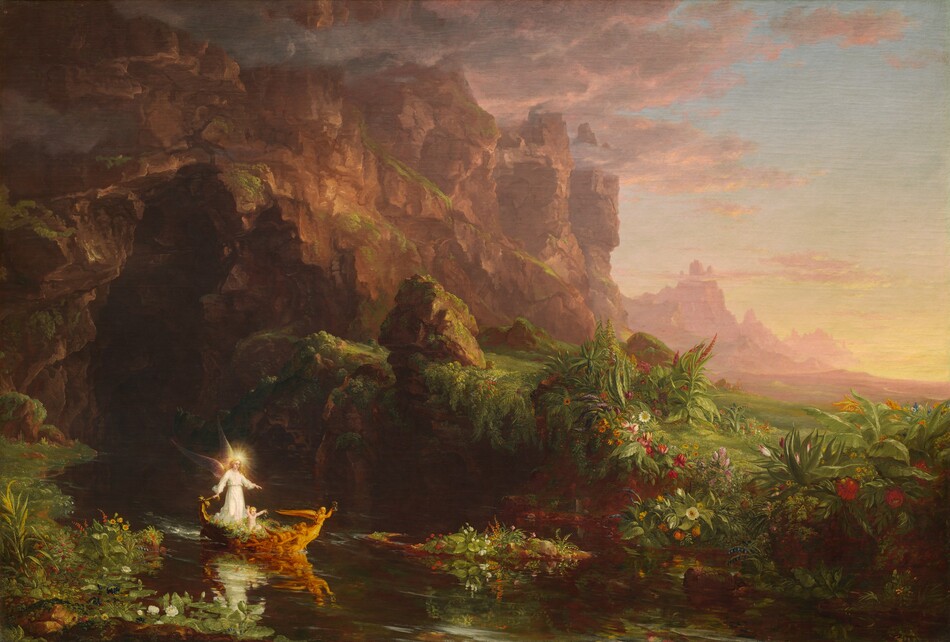 celebower's tweet photo. ah I finally found out why the wfyl vinyl cover looked a little familiar to me. Jamie's using a series of paintings by Thomas Cole called The Voyage of Life. the cover is Youth, shirt is Childhood then the skateboard is another Cole painting Expulsion from the Garden of Eden https://t.co/2jVhOLsWEn