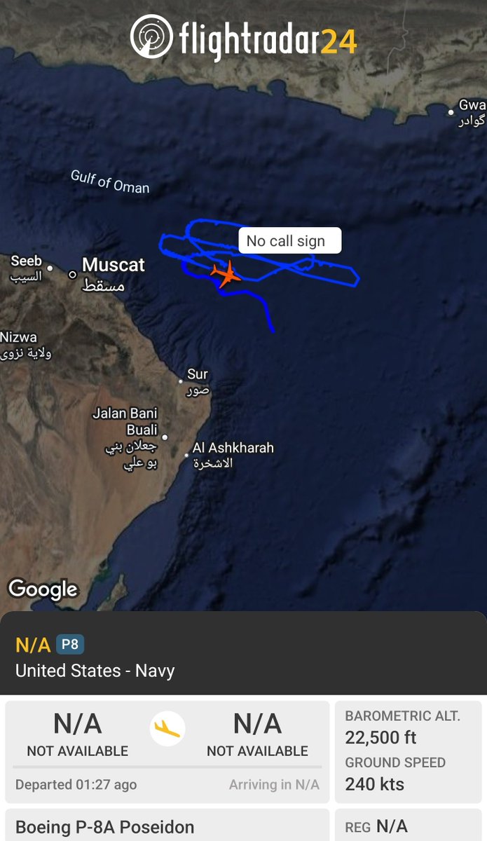 sipjack1776's tweet photo. P-8A ๐บ๐ฒ
#AE68A7
Operating over the Gulf of Oman near the US Blockade.
@Borrowed7Time @N214WN https://t.co/PYfWCcGP3h
