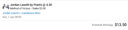 Slayer_Tip's tweet photo. Leavitt is a bit of an interesting one, if he does employ his wrestling early, he can definitely cause an upset here, but frankly I don’t feel comfortable in saying that with any confidence. I got Brito winning this one, but there is an Alt Bet on Leavitt via Points. Brito via KO R2 (1/3) #UFCVegas118