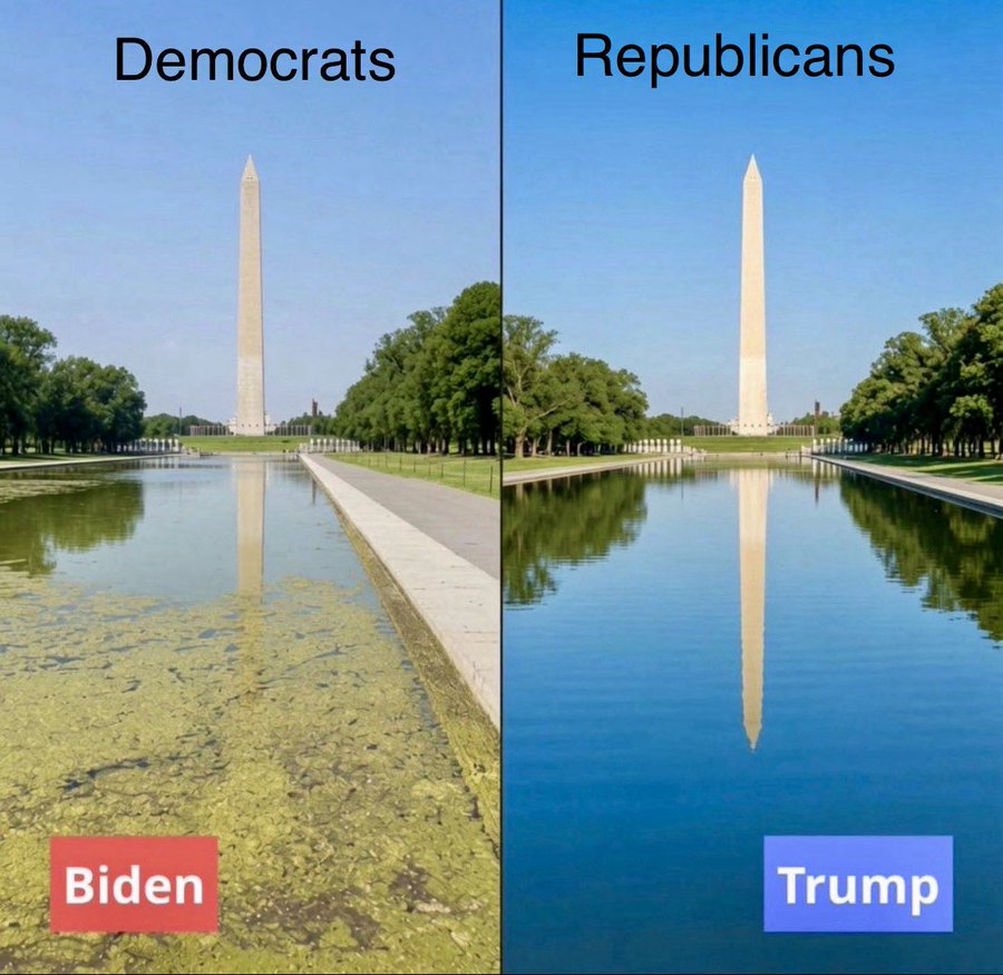 KennethFCrowe1's tweet photo. Biden: Algae, rot, neglect.
Trump: Crystal clear, strong reflection, American pride.
Itโs not just the reflecting pool. Itโs the whole country.
@KennethFCrowe1
#ContrastIsClear #MAGA #PromisesMadePromisesKept #NoMoreDemocrats https://t.co/MxzuCRJksq