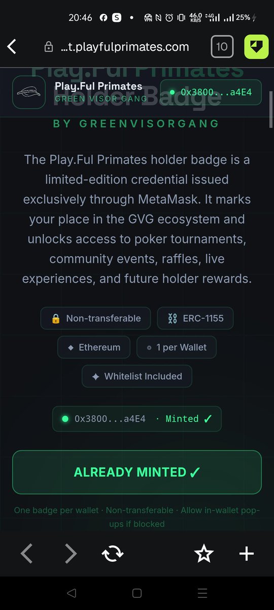 AbrahamJB's tweet photo. @GreenVisorGang @themiracle_io @MetaMask Minted mine 😁 https://t.co/ng4jHUPtUh