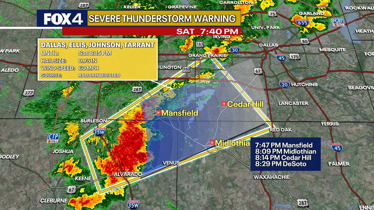 (7:42pm) SEVERE T-STORM WARNING issued for TARRANT, DALLAS, ELLIS, and ...