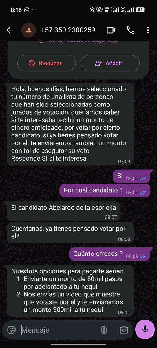 willj84753699's tweet photo. ¡ATENCIÓN COLOMBIA!
Muy grave si se confirma.
¿La campaña de Abelardo de La Espriella, está comprando votos a los ojos de todo el mundo?
Están circulando en redes estos mensajes de compra de votos para favorecer a Abelardo.
Solicito a la @FiscaliaCol
@CNE_COLOMBIA
@Registraduria investigar.
@petrogustavo