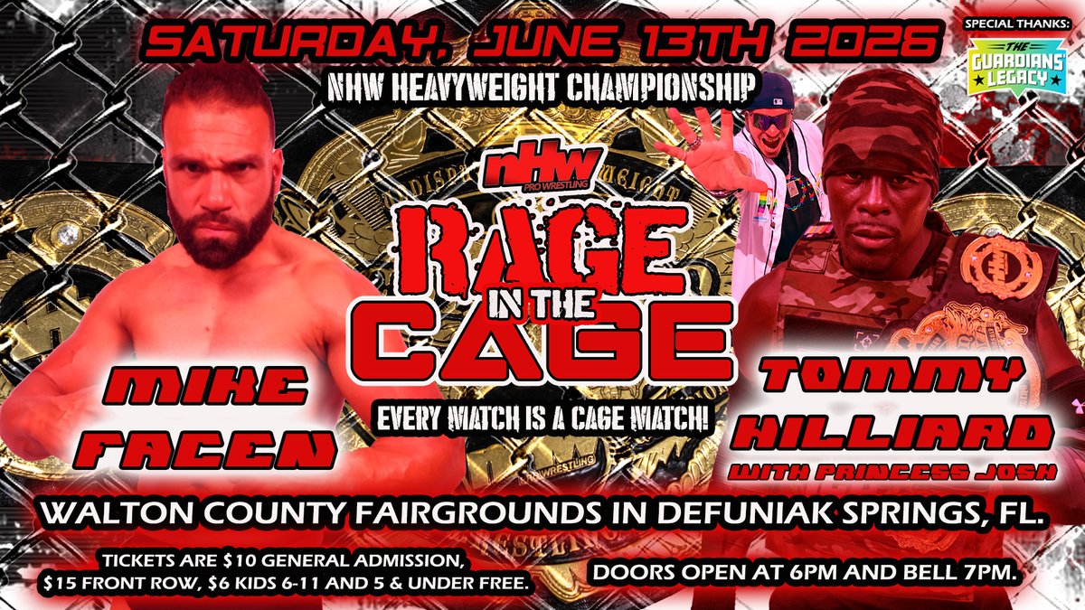 NHWPro's tweet photo. New  Heights Wrestling presents ‘Rage in the Cage’ on Saturday, June 13th  2026 at the Walton County Fairgrounds in DeFuniak Springs, Florida! Every match is a cage match! https://t.co/zLH5bobiSD