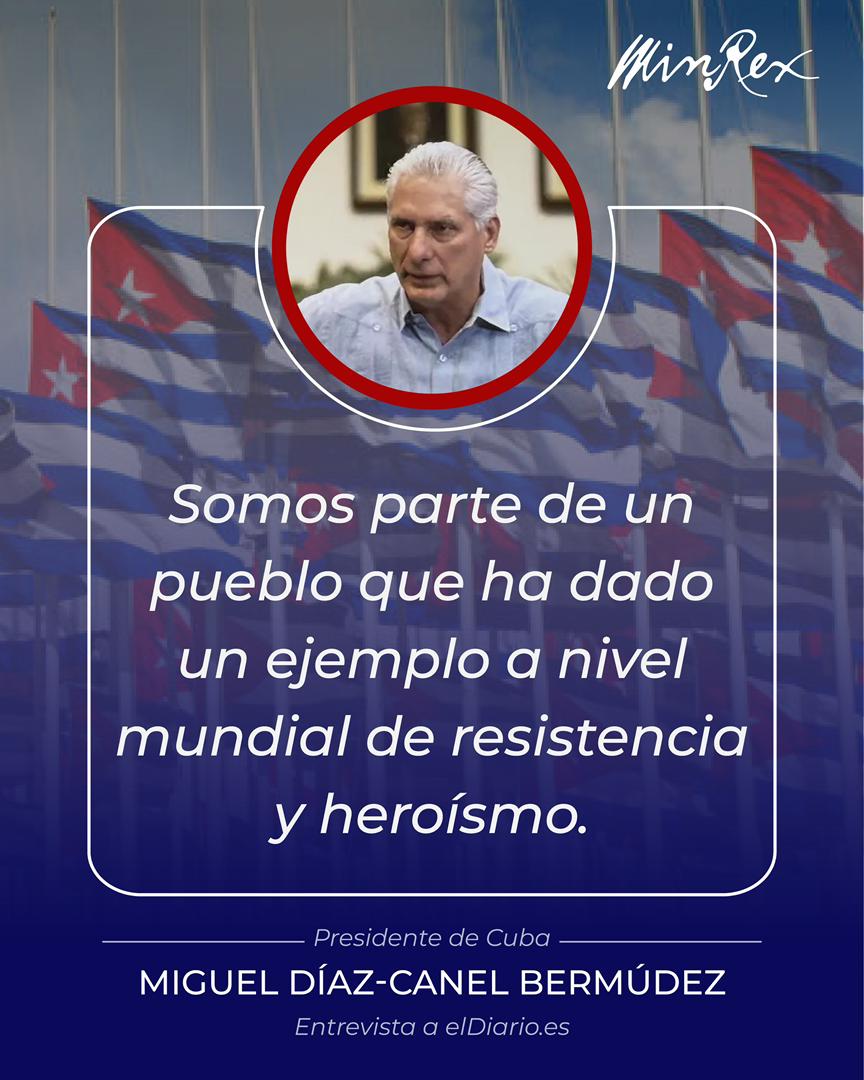 CubaMINREX's tweet photo. "Somos parte de un pueblo que ha dado un ejemplo a nivel mundial de resistencia, de heroísmo. Y uno no puede traicionar esa historia."

🗣️ Presidente cubano @DiazCanelB en entrevista a https://t.co/s31dTr1VP2 https://t.co/vSKqsnwd4L