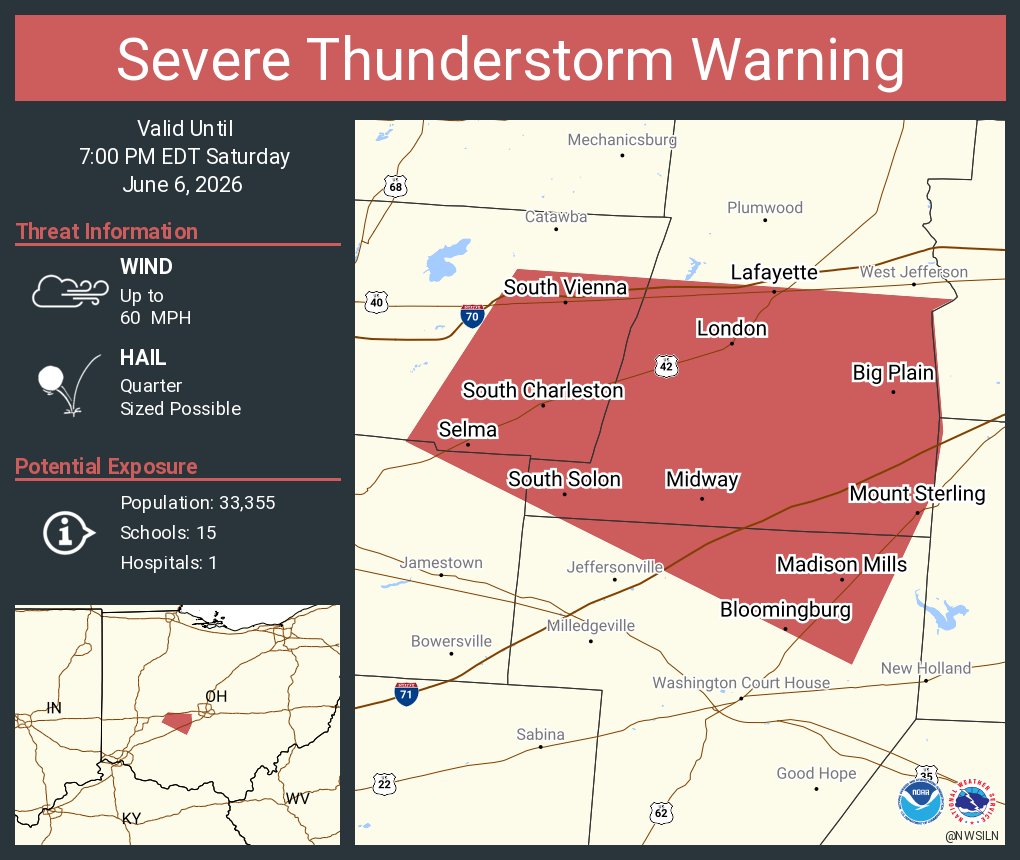 NWSILN's tweet photo. Severe Thunderstorm Warning including London OH, Mount Sterling OH and  South Charleston OH until 7:00 PM EDT https://t.co/Vx6PFrQbPy