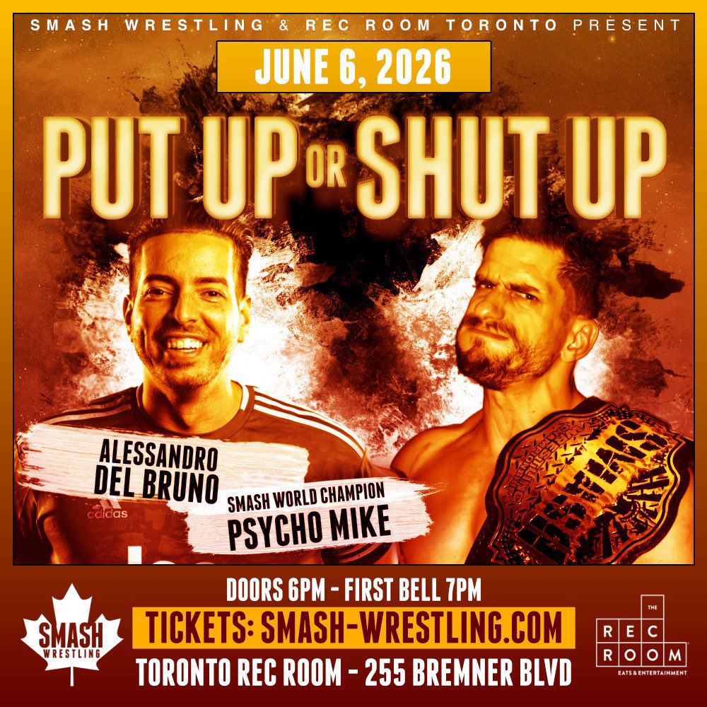 delbruno7's tweet photo. TONIGHT!

If you’re just leaving the @BlueJays game or anywhere near downtown Toronto, there’s still plenty of time to make it over to the Rec Room for @smashwrestling! https://t.co/2LfvtrC4b2