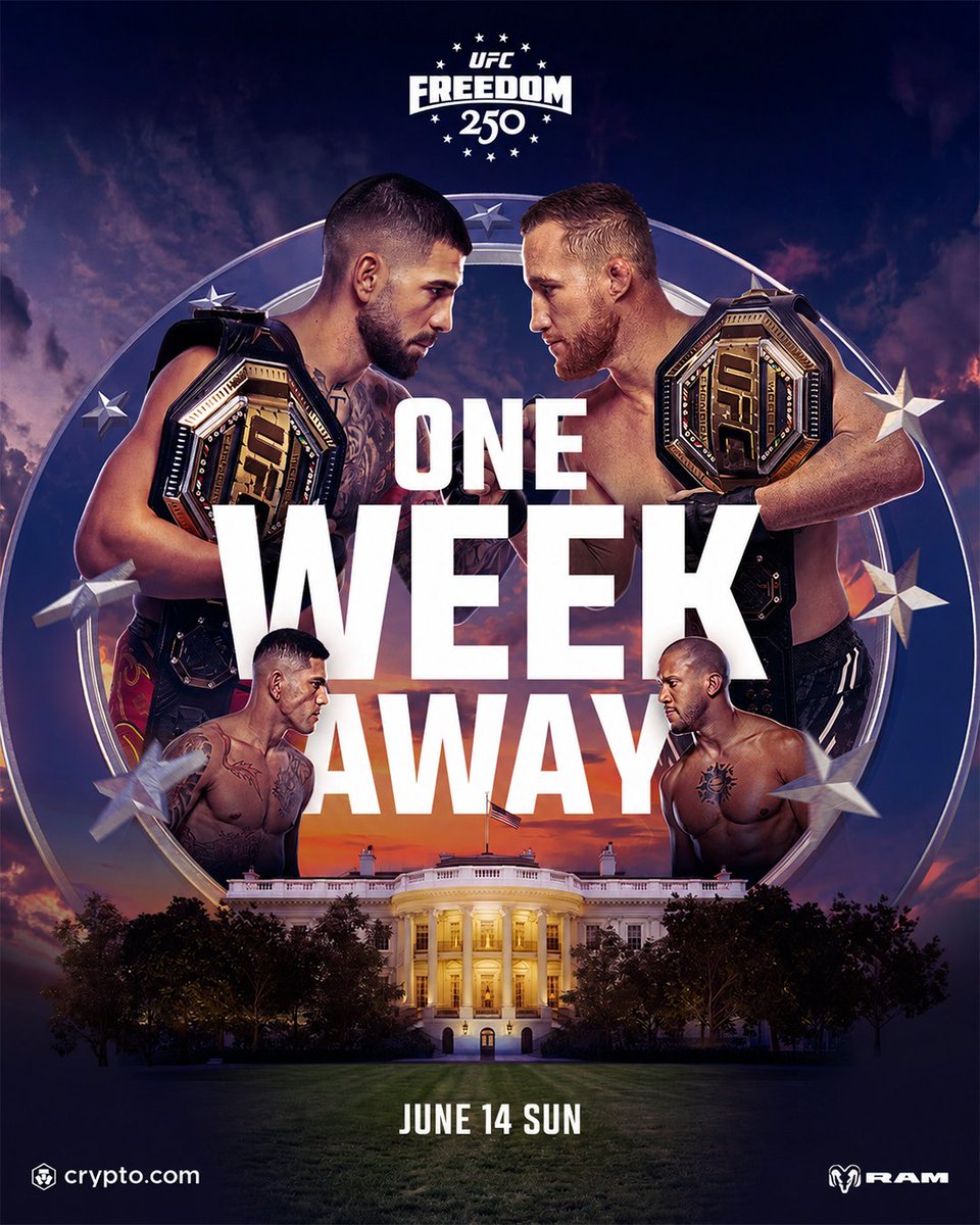 UFCEurope's tweet photo. ONE WEEK TO GO 🇺🇸 🏆 🏛️

How excited are you for #UFCWhiteHouse?!

Presented by @cryptocom &amp; @ramtrucks https://t.co/a2VDAyuW0E