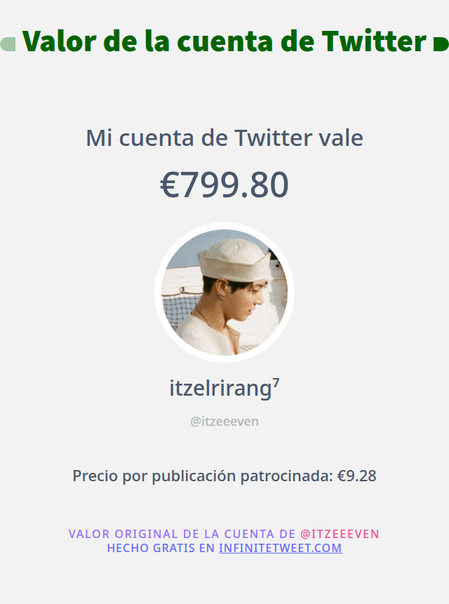 itzeeeven's tweet photo. Mi valor en Twitter es de: €799.80

➡️ https://t.co/m62soezm6r https://t.co/iSipYHi5sR