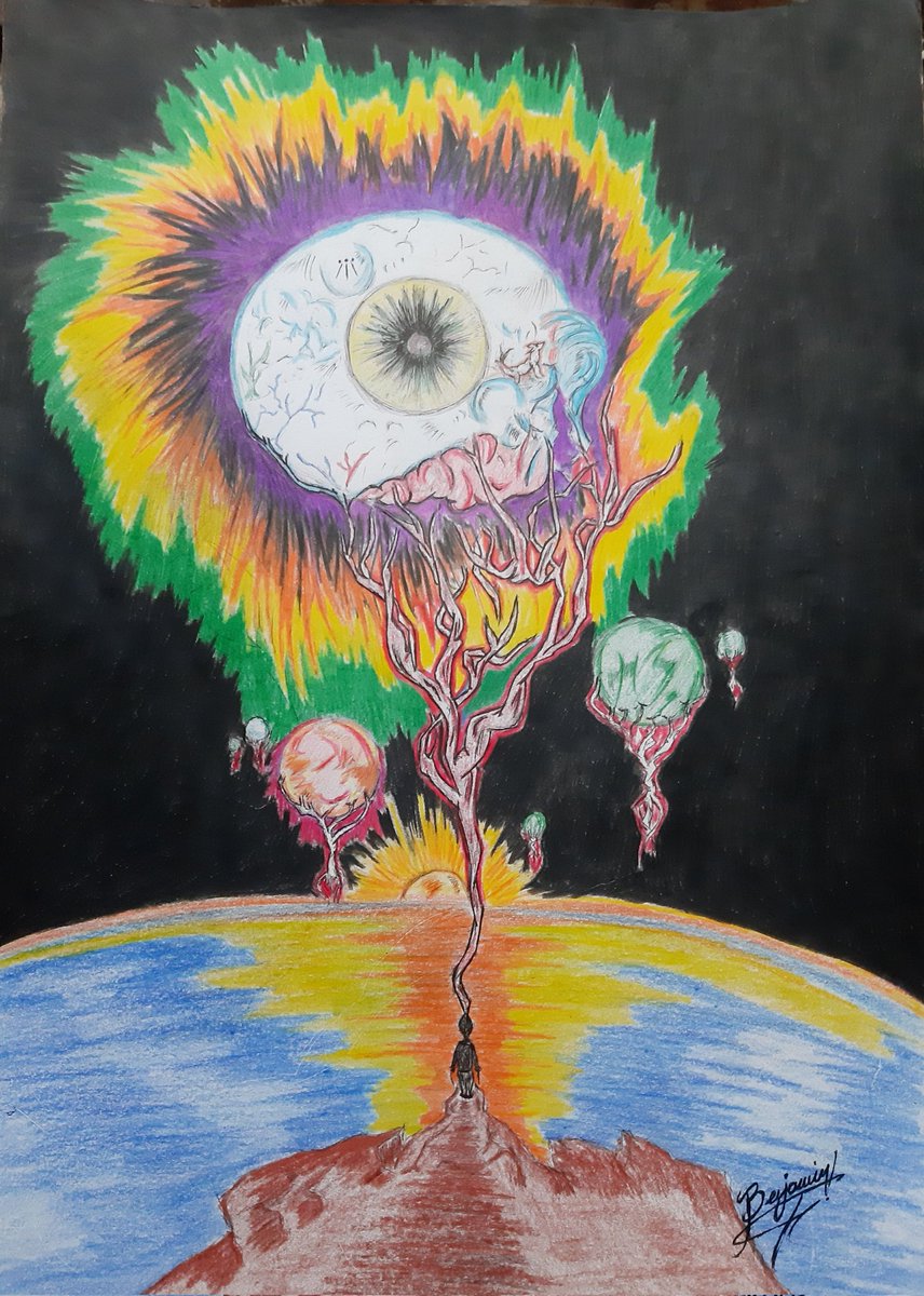 xhdeathhx's tweet photo. " El Arbol que Todo lo Ve"

" Una figura solitaria se detiene al borde del mundo . Una esfera blanca , vacia,  casi lunar y contempla lo que crece desde si horizonte: un árbol sin  hojas, hecho de nervios y venas , que se ramifica hacia arriba hasta convertirse en un ojo colosal. 

No es un árbol de vida . Es un árbol de conciencia .

El ojo no mira hacia afuera. Mira hacia abajo , hacia el humano diminuto que lo sostiene sin saberlo . Las ramas son sus propios pensamientos,  sus propios vasos sanguíneos.  La Corona de fuego , naranja , verde,  púrpura . Es el caos de todo lo que la mente contiene : visiones , miedos,  colores que no tienen nombre . 

A los lados flotan esferas menores , ojos secundarios aún en formación,  cada con sus propias raíces colgantes . Como ideas que aún no han madurado . Como mundos que aún no han aprendido a ver . 

La figura no huye. Está de pie. Mirando hacia arriba.