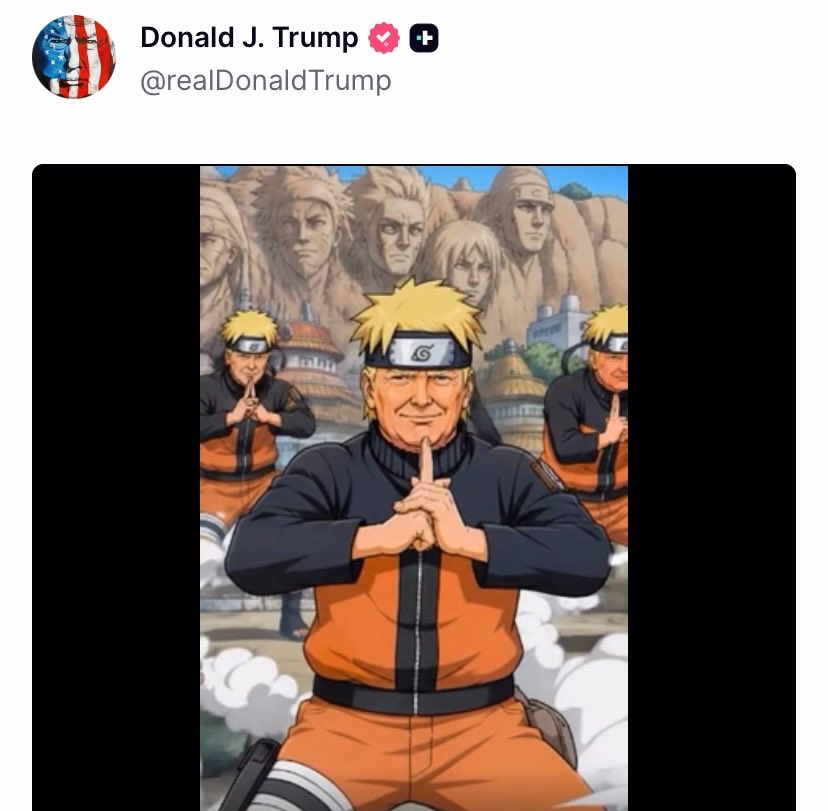 EsTendenciaEnX's tweet photo. ''Donald Trump'':
Porque subió una parodia suya a sus redes sociales haciendo un Jutsu Clon de Sombras de Naruto https://t.co/U2zwjz2fhk
