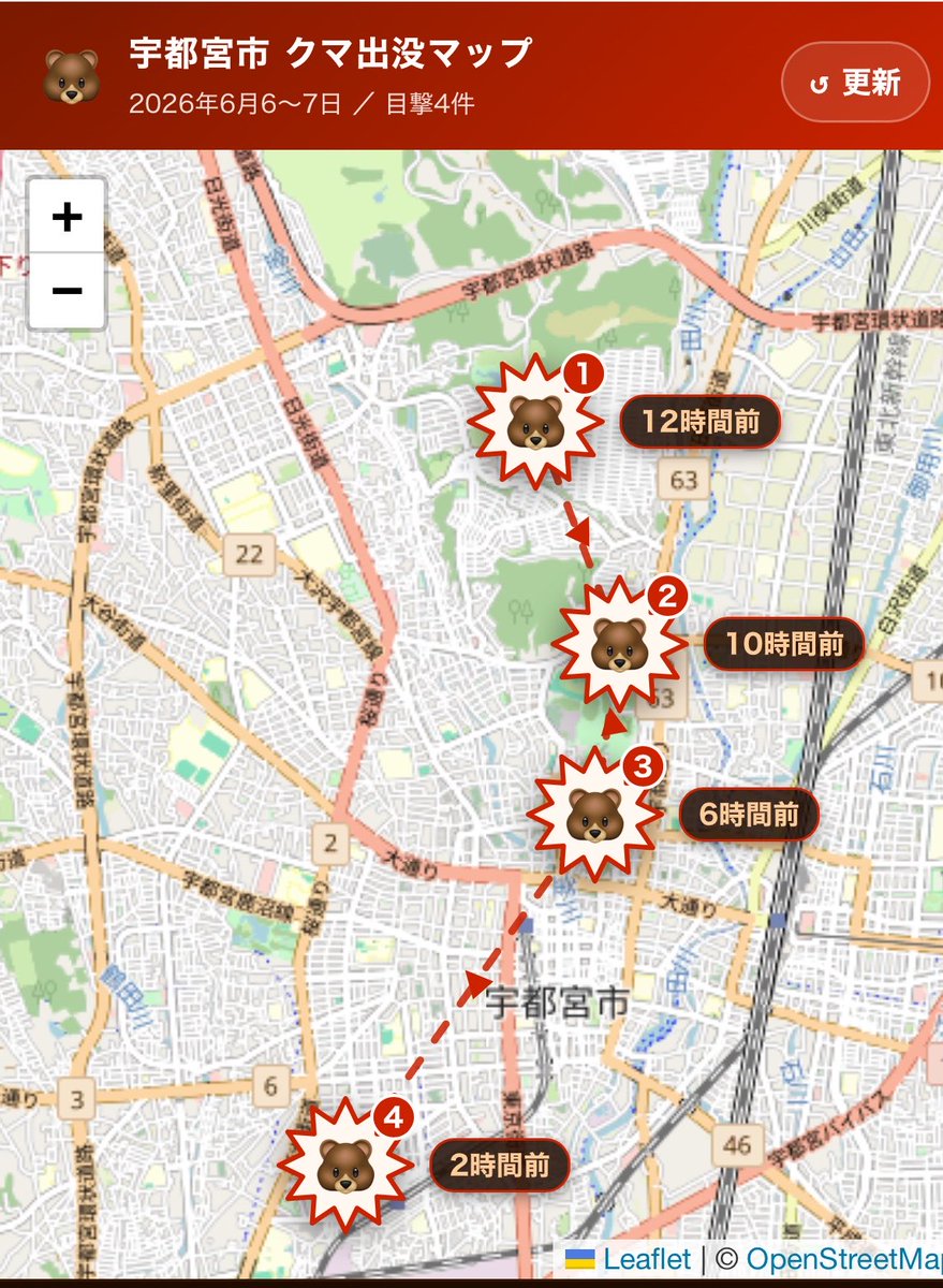 Miya_LRT's tweet photo. 文字情報だとどこに熊が出たのかわかりにくいので、宇都宮市のホームページから情報を取得してマッピングしました。
動作確認できていませんが、今後新たな情報が出たら反映されるはず

▶️ https://t.co/F0cBnV0C0J https://t.co/FZebNpzR82