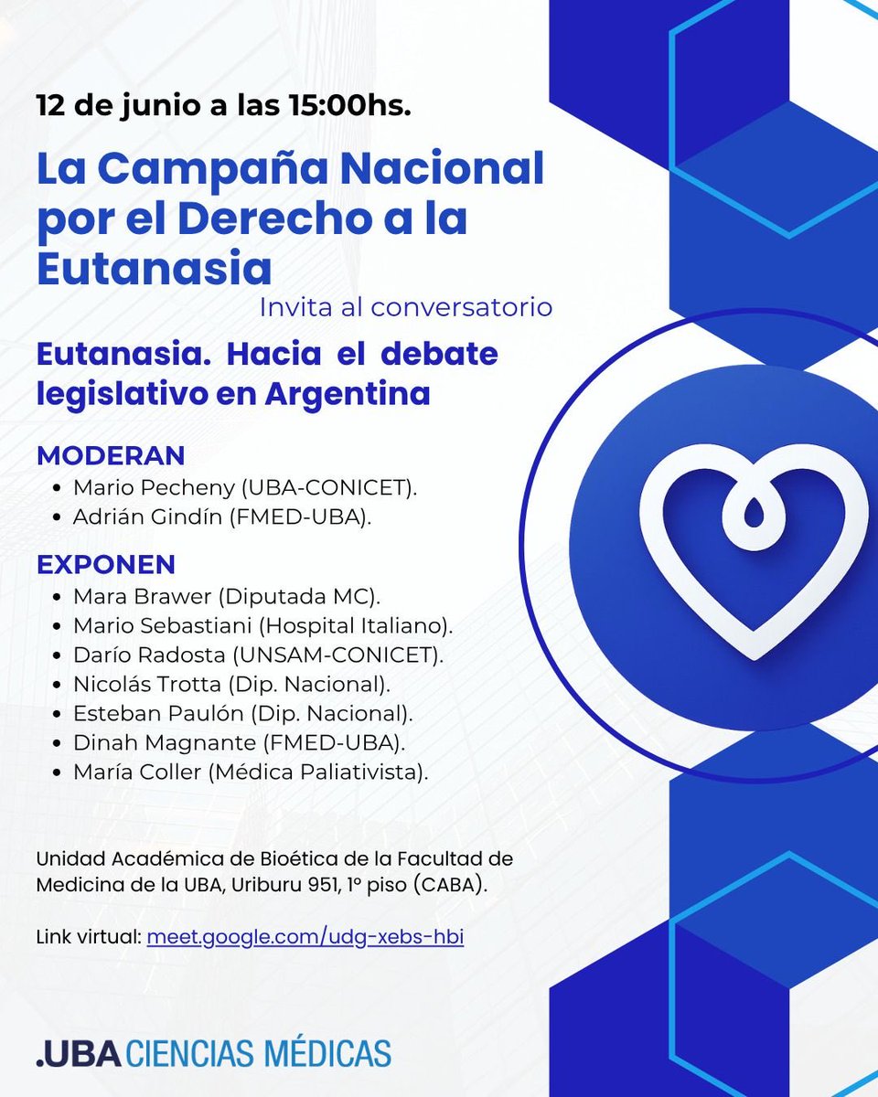 dinahmagnante's tweet photo. Tengo el agrado de invitarlos/as a participar de este importante evento para debatir sobre los proyectos de ley para regular la Eutanasia. En esta oportunidad, tendré el honor de participar en carácter de disertante. Facultad de Medicina UBA.  👇 https://t.co/Subjhx6JME