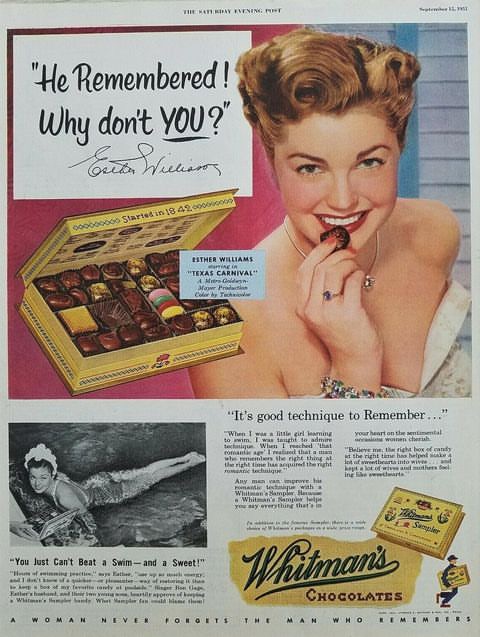 baileymarkham's tweet photo. And now a word from our sponsor: Esther Williams sells Whitman's Chocolates with a tie-in to her film, TEXAS CARNIVAL (1951). #classicstars #vintagead https://t.co/WWTzgx8n9G