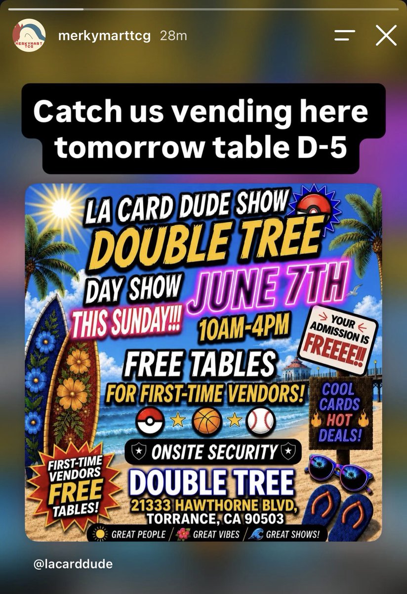MerkTcg's tweet photo. Catch us vending tomorrow in Torrance for the @LAcarddude show mention my Twitter or instagram for a free pack 

*while supplies last https://t.co/0mVIQvWpVA