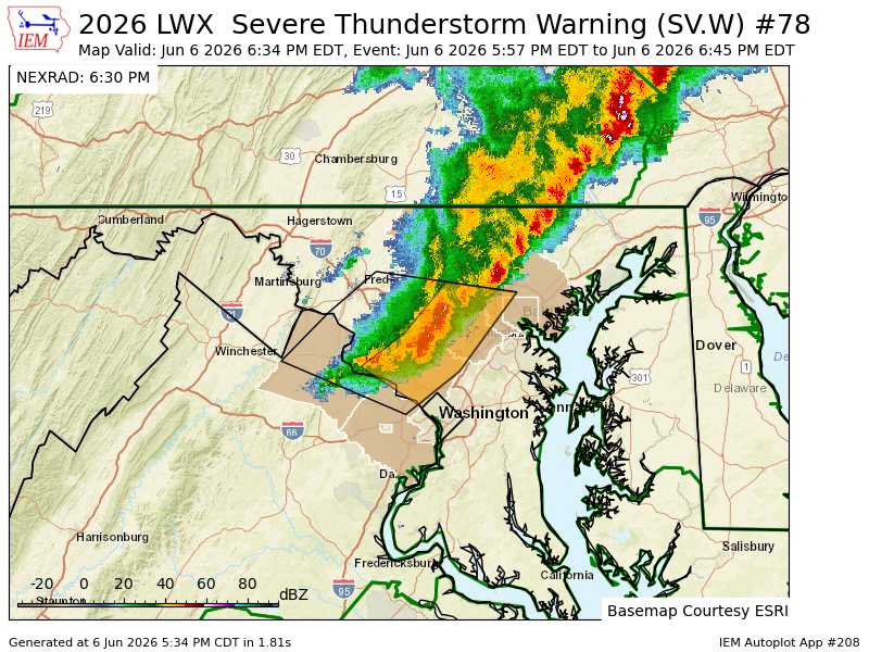 DMV_WX's tweet photo. LWX updates Severe Thunderstorm Warning [wind: 60 MPH (RADAR INDICATED), hail: <.75 IN (RADAR INDICATED)] (cancels Frederick [MD], continues Baltimore, Baltimore City, Carroll, Howard, Montgomery [MD] and Fairfax, Loudoun [VA]) till 6:45 PM EDT https://t.co/wngBcTupep https://t.co/I5rWjaYJr0
