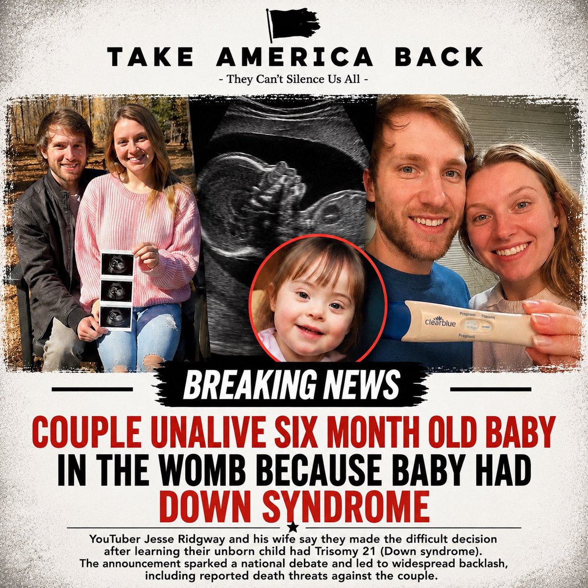 t8keamericaback's tweet photo. This is disgusting.

People can debate abortion laws, “my body, my choice,” and where the line should be drawn. But for us, this crosses it.

At six months in the womb, this child had a chance at life. The reason given was a Down syndrome diagnosis.

Children with Down syndrome are loved, supported, and embraced by families and communities all over the world. They laugh, grow, learn, work, build relationships, and bring incredible joy to the people around them.

If these parents truly felt unable to raise this child, there are countless families who would have gladly adopted him or her.

So where does it end? If a diagnosis becomes a reason to end a life, what comes next? What traits become unacceptable? What conditions become disqualifying?

We believe every human life has value, regardless of ability, diagnosis, or circumstance.

And if you continue to support influencers after a decision like this, it might be worth asking yourself why. What values are being promoted? What message does this send about the worth of the most vulnerable among us?

Enough is enough.