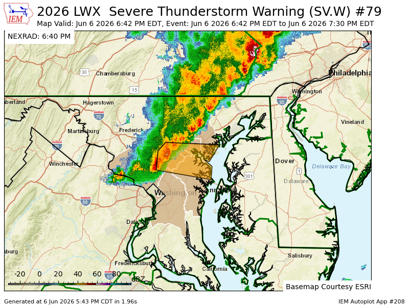 DMV_WX's tweet photo. LWX issues Severe Thunderstorm Warning [wind: 60 MPH (RADAR INDICATED), hail: <.75 IN (RADAR INDICATED)] for Anne Arundel, Baltimore, Baltimore City, Howard, Montgomery, Prince Georges [MD] till 7:30 PM EDT https://t.co/2iwtwgfAfv https://t.co/cLwjAR9U3G