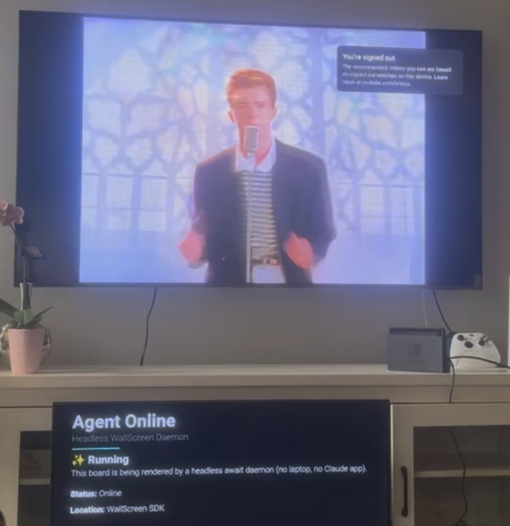 NickDavis54's tweet photo. I gave Claude control of every TV in my house. Real control. It finds whatever I ask for and plays it.

First test: I asked it to throw something on YouTube TV.

It pulled up Never Gonna Give You Up and hit play. Unprompted, it Rickrolled me.

Makes sense in hindsight — ask a model to "just play something" and you land on the most-linked video on the internet, the one we've spent nearly two decades using as bait. The prank's in the weights.

Got got by my own house.