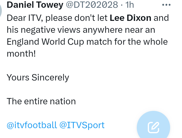 exolablog247's tweet photo. Lee Dixon is trending in the UK because the pundit and commentator is receiving severe criticism for his commentary on ITV's broadcast of England's pre-World Cup match earlier tonight. 

Netizens are accusing the pundit of relentlessly picking apart England's tactical approach and for giving an entirely negative and "joyless" commentary throughout the match against New Zealand.
HN